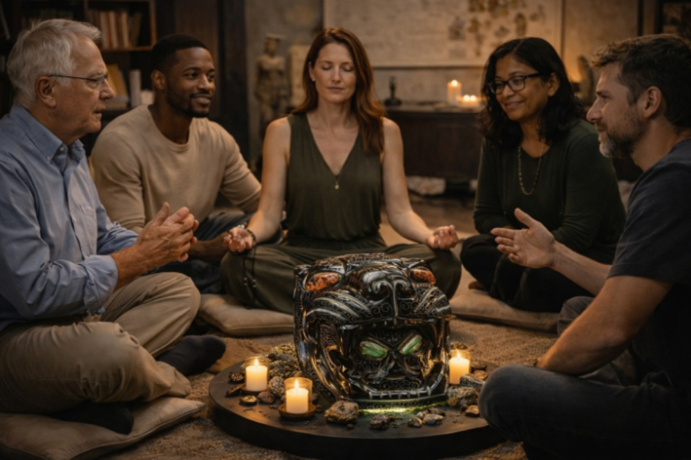A bunch of people meditating around an artifact