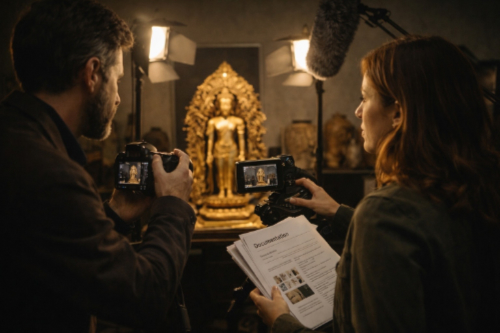 A couple people taking pictures of an artifact