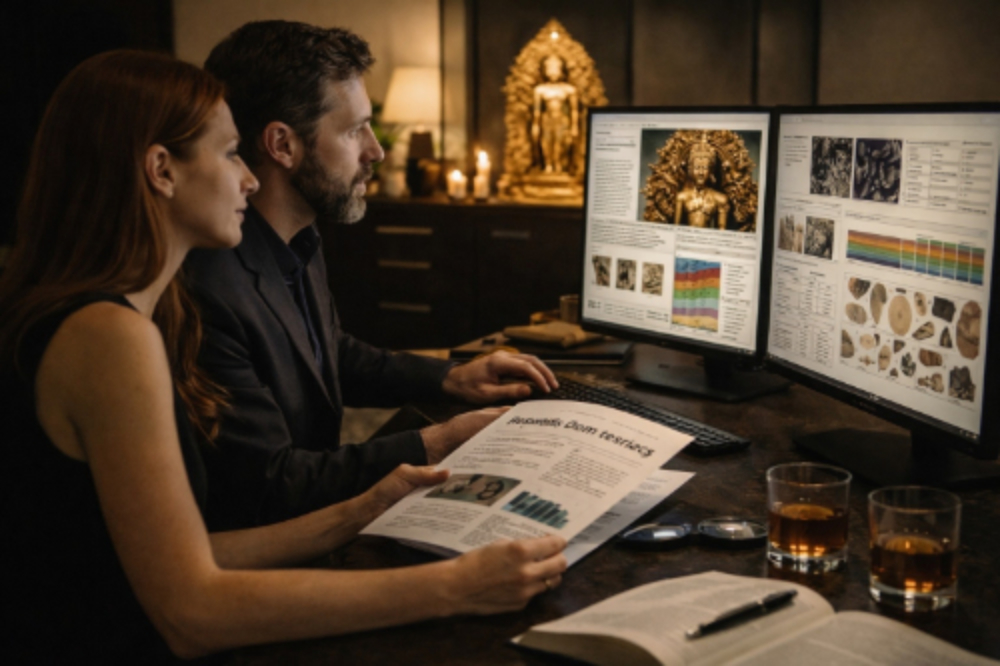 People looking at some info on computer screens