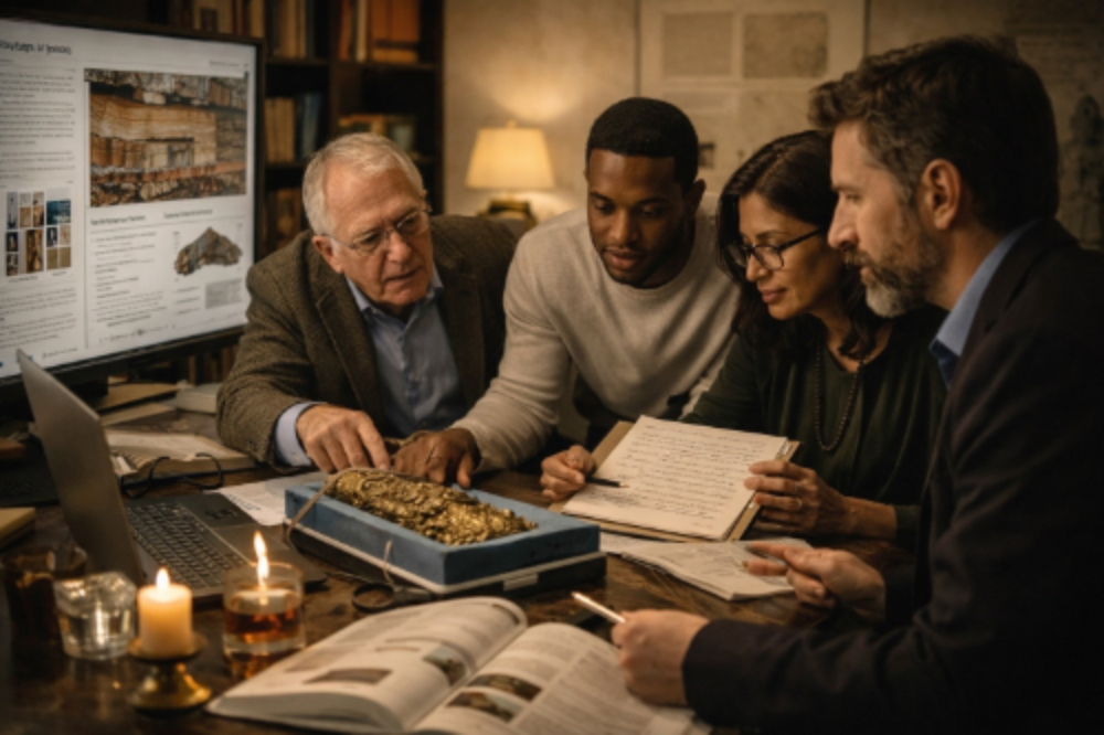 A bunch of people looking at an artifact on a table