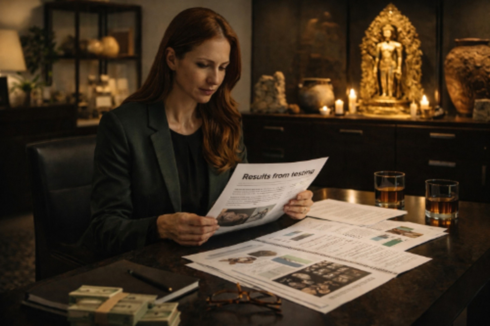 A woman looking at some informational papers
