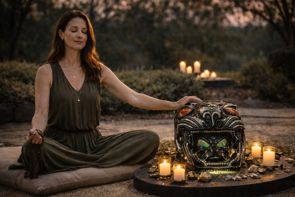 A woman meditating while touching an artifact